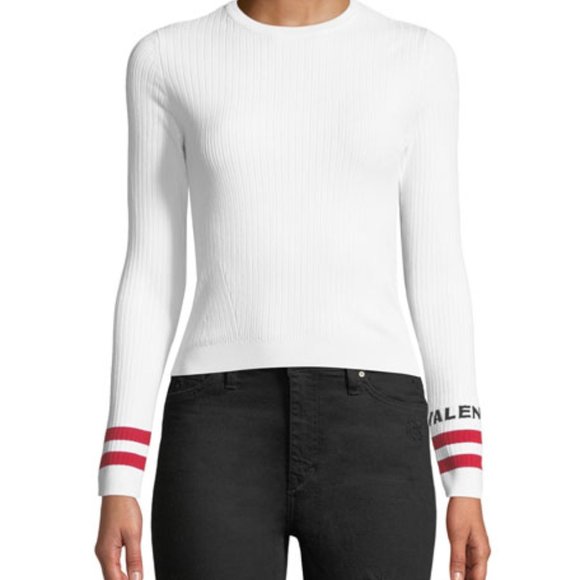 VALENTINO Logo & Stripes Cuff Rib Knit Sweater Top - Picture 3 of 15